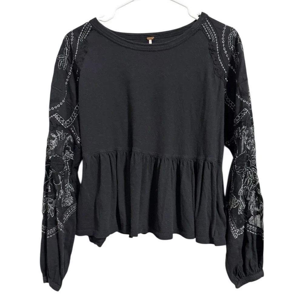 Free People Penny Embroidered Peplum Top Black Women's Size XS